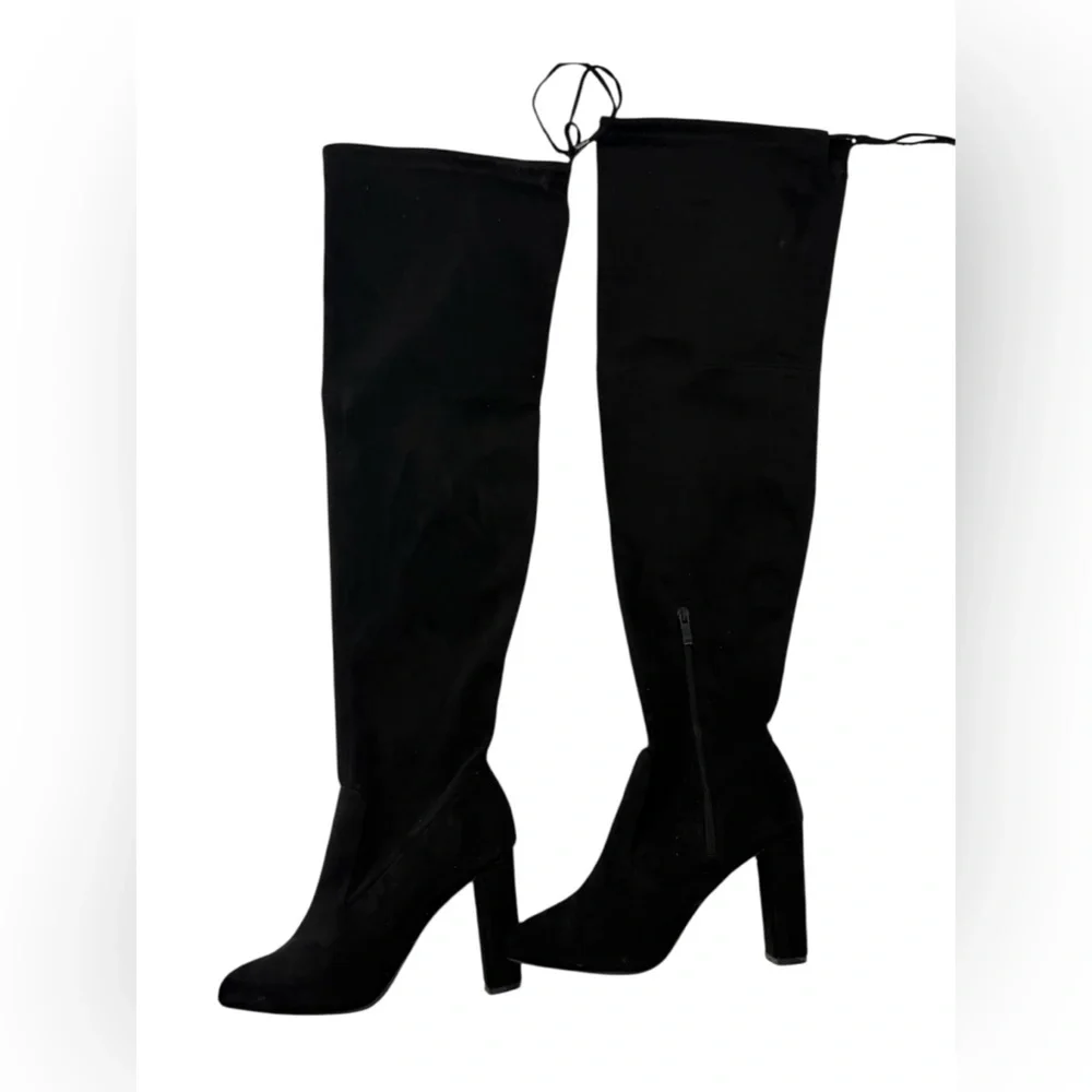 Black Faux Suede Over-the-Knee Block Heel Boots Zipper & Adjustable Tie Thighs